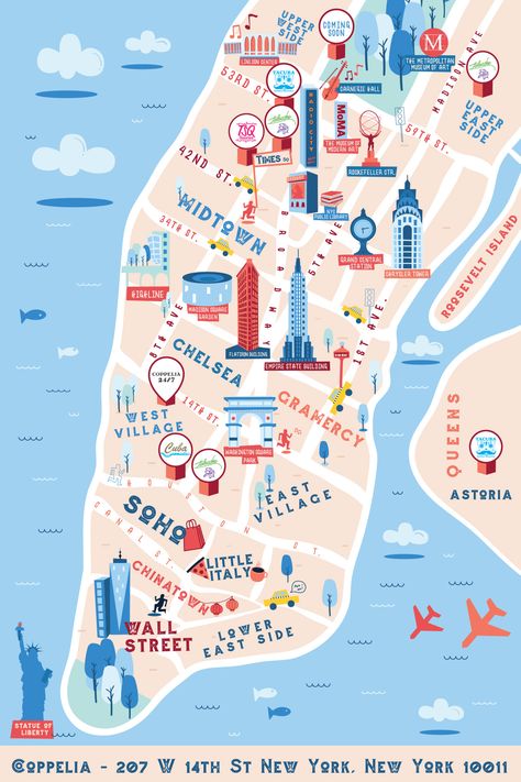 Illustrated map for Coppelia NYC on Behance Nyc Map Illustration, Graphic Map Illustration, Usa Map Illustration, Cool Map Design, New York Map Illustration, Map Illust, Illustrative Map, Maps Illustration Design, Nyc Illustration