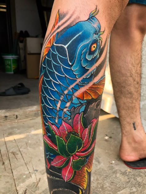 Koi Carp Tattoo, Japanese Leg Tattoo, Carp Tattoo, Koi Tattoo Sleeve, Revelation Tattoo, Japanese Tattoos For Men, Oni Tattoo, Colored Tattoo Design, Koi Tattoo Design