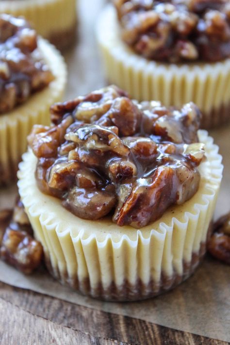 Mini Pecan Pie Cheesecakes | Baking You Happier Pecan Pie Mini Cheesecakes, Pecan Pie Cheesecake Bites, Mini Pecan Cheesecakes, Pecan Pie Recipe No Corn Syrup, Tiny Pecan Pies, Bite Size Pecan Pie, Pecan Pie Topping, Mini Pecan Pie Recipes, Mini Pecan Pie