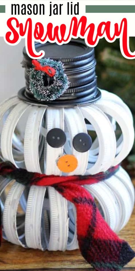 If you liked our Mason Jar Lid Pumpkins, you'll love this adorable mason jar lid snowman! It's a cute and unique holiday craft that is sure to be a conversation piece. #masonjar #masonjarlid #christmascrafts #christmasdecor #diychristmasdecor #winterdecor #wintercrafts #craftsbyamanda Mason Jar Lid Pumpkin Diy, Jar Lid Pumpkins Diy, Mason Jar Ring Pumpkin Diy, Canning Ring Snowman, Snowman Mason Jar Lids, Mason Jar Lid Snowman, Canning Jar Ring Snowman, Mason Jar Ring Snowman, What To Do With Mason Jar Lids