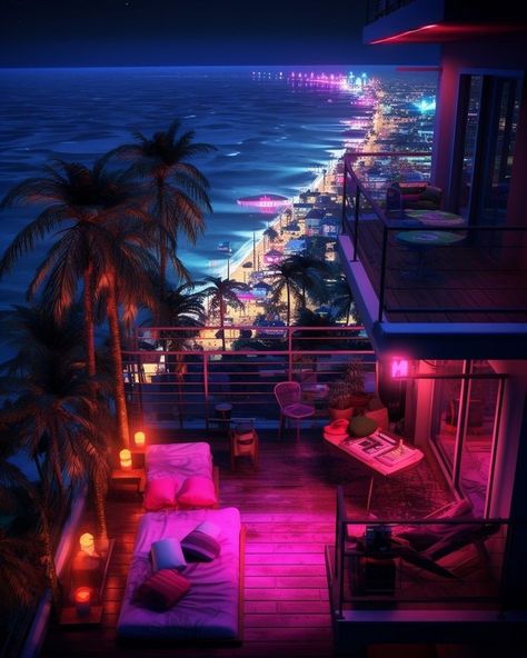 Cyberpunk Beach, Vice Aesthetic, Cyberpunk House, Cyberpunk Apartment, 80s Miami, Sonny Crockett, Vaporwave Art, Laser Beam, The Gambia