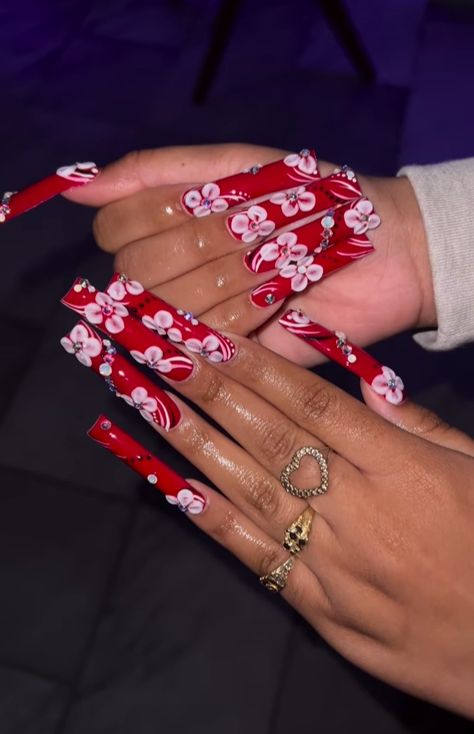 Gangster Nails, Cherry Blossom Nails, Cross Nails, Retro Nails, Super Cute Nails, Punk Nails, Red Acrylic Nails, Drip Nails, Long Acrylic Nails Coffin