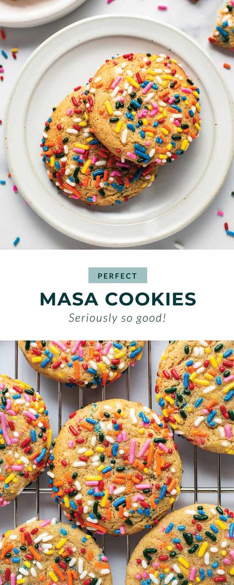 These colorful masa cookies are chewy on the inside and perfectly sweet. They are inspired by our favorite local Mexican-fusion restaurant, Centro Minneapolis! Easy Mexican Cookies, Maseca Recipes Sweets, Simple Mexican Desserts, Masa Recipes Ideas, Recipes With Masa, Masa Cookies, Mexican Cookies Traditional, Masa Harina Recipes, Maseca Recipes