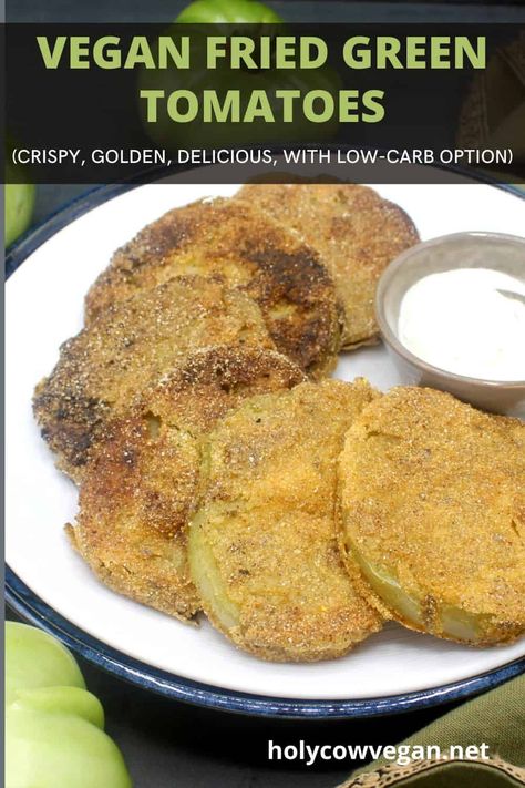 Don't let summer go by without making these vegan Fried Green Tomatoes at least once. They are golden and crispy on the outside and they melt in your mouth. This recipe is also gluten-free, nut-free and soy-free, with a low-carb option. #veganfriedgreentomatoes #holycowvegan Vegan Fried Green Tomatoes, Vegan Fries, Fried Green, Fried Green Tomatoes, Creole Seasoning, Green Tomatoes, Vegan Recipe, Melt In Your Mouth, Nut Free