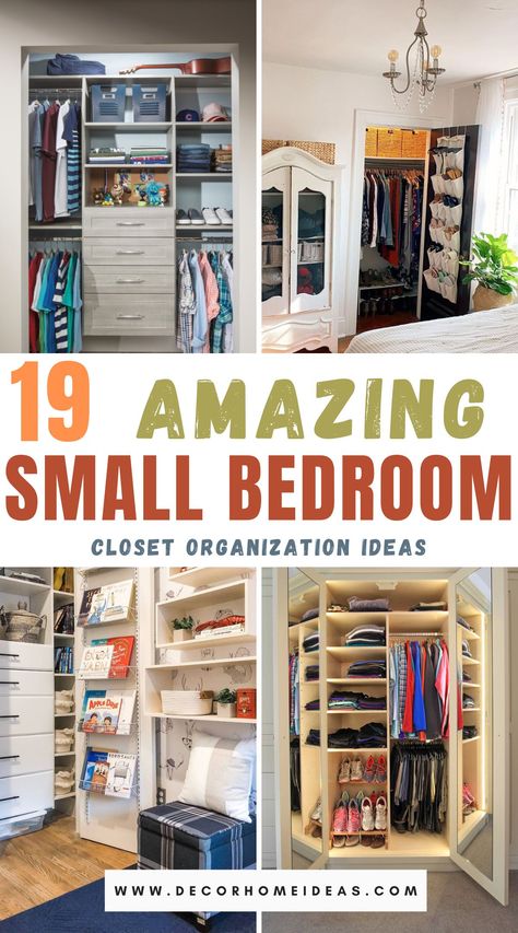 Maximize your small bedroom closet space with these 19 ingenious ideas. From clever storage solutions to space-saving organization hacks, discover how to make the most of every inch in your closet for a tidy and functional storage area. Maximize Small Closet Space, Small Bedroom Storage Solutions, Small Bedroom Closet, Maximize Small Closet, Tiny Bedroom Storage, Tiny Closet Organization, Small Closet Hacks, Small Closet Organization Bedroom, Ingenious Ideas