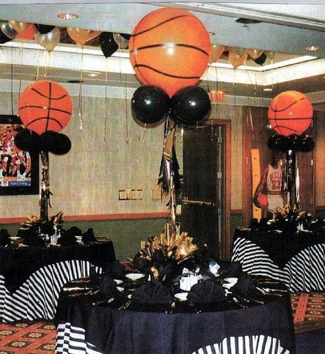 Balloon-Celebrations.com Basketball Centerpieces, Basketball Bar Mitzvah, Bar Mitzvah Centerpieces, Basketball Theme Party, Basketball Decorations, Sports Banquet, Bar Mitzvah Party, Basketball Birthday Parties, Basketball Party