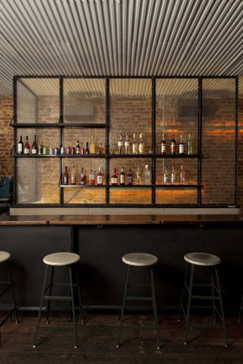 Cool looking bar. Would be awesome for a basement or outside Cafe Industrial, Kitchen Illustration, Design Café, Industrial Architecture, Industrial Bar, Bar Interior, Industrial Shelving, Industrial Kitchen, Black Kitchen