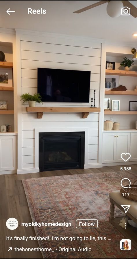 Living Room Inspiration With Fireplace And Tv, Cottage Gas Fireplace Ideas, Shiplap Fireplace With Built Ins On Both Sides, Traditional Gas Fireplace Ideas With Tv Above, Diy Propane Fireplace Living Rooms, Fireplace Insert With Built Ins, Gas Fireplace With Shelves On Side, Fireplace With Small Built Ins, Living Room Shiplap Fireplace