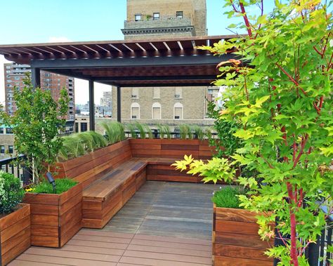 Imagine hanging out on this roof garden in the middle of Manhattan at night with a group of friends.  Read more about this garden on my blog, www.amberfreda.com. Roof Garden Design, Pergola Attached To House, Metal Pergola, Pergola Garden, Pergola Design, Aluminum Pergola, Wooden Pergola, Deck With Pergola, Backyard Pergola