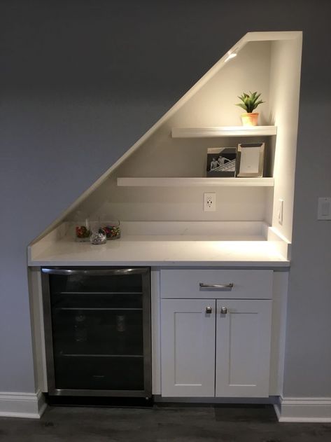 #basementideas #homedecor #basementceiling Finishing Under Basement Stairs, Basement Bar Ideas Under Stairs, Small Modern Basement Ideas, Under Stairs Bar Ideas Staircases, Wet Bar Under Staircase, Stairs Leading To Basement, Under Stairs Basement Ideas, Modern Finished Basement, Laundry Basement Ideas