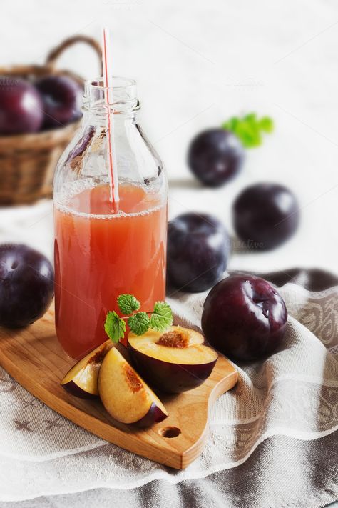 plum juice by evgeni.proshin on Creative Market Plum Juice, Plum Fruit, Fruit Juice, Creative Market, Panna Cotta, Plum, Juice, Fruit, Ethnic Recipes