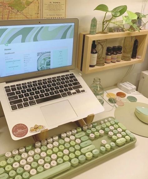 Green Desk Astethic, Green And White Desk Setup, Ghibli Aesthetic Room Decor, Sage Green Desk Setup, Green Desk Aesthetic, Green Desk Setup, Minimalistic Desk Setup, College Desk Setup, Green Gaming Setup