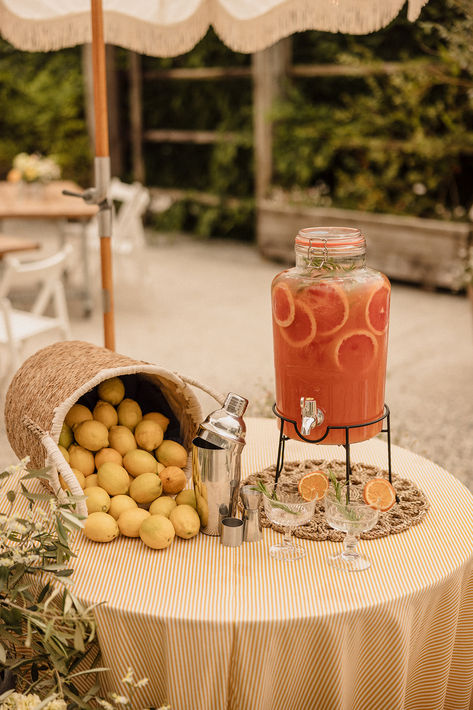 Non-alcoholic wedding drinks in glass dispenser with cocktail shaker and glasses with basket of lemons for Meditteranean inspired wedding | wedding drinks | wedding drinks ideas | Katie Goff Photography Non Alcoholic Drinks Wedding, Alcoholic Drinks Wedding, Alcohol Wedding Ideas, Drinks With Grapefruit Juice, Non Alcoholic Wedding, Wedding Drinks Ideas, Alcohol Wedding, Drinks Wedding, Wedding Alcohol