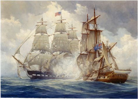 Frigate USS Constitution defeats H.M. Frigate Java,  29 December 1812. - Painting by Anton Otto Fischer, depicting the Java, at right, being dis-masted by the Constitution's gunfire. The American frigate was commanded by Captain William Bainbridge. Courtesy of the Navy Art Gallery Collection,  Gift of Katrina S. Fischer. Naval History & Heritage Command Photograph. NH 85543-KN (color) Tall Ships Art, Maritime Painting, Navi A Vela, Uss Constitution, Old Sailing Ships, Ship Of The Line, Maritime Art, Marine Art, Sailing Vessel