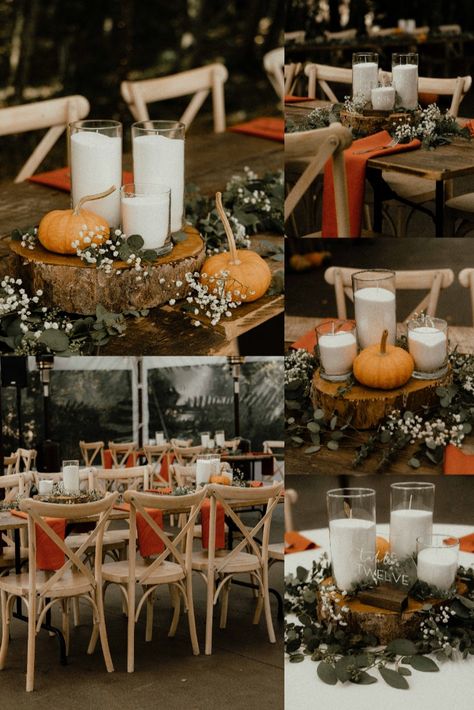 Fall-inspired wedding table setting in Colorado with pumpkins and autumn accents, ideal for a rustic and romantic reception Mini Pumpkin Wedding Decor, Fall Theme Wedding Reception, Outdoor Fall Wedding Ceremony Decor, Wedding Cake With Pumpkins, Pumpkin Wedding Table Decor, Wedding Pumpkin Decor, Fall Wedding Centerpieces With Pumpkins, Small Fall Wedding Ideas, Pumpkin Wedding Centerpieces