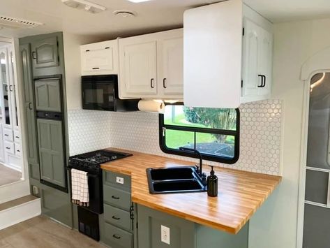 Green Rv Cabinets, Renovate Camper, Butcher Block Cabinets, Before After Renovation, Rv Kitchen Remodel, Rv Interior Design, Motorhome Remodel, Rv Bedroom, Rv Interior Remodel