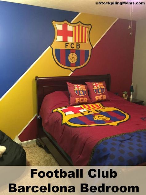 My son LOVES FC Barcelona - and all things Lionel Messi.  Last year for Christmas he asked for a room makeover. We were not surprised when he selected the theme to be FC Barcelona.  As you know he plays soccer for Kings Hammer Academy.  He takes soccer seriously.  He has been playing since he was three years old and there isn't a day that he is not practicing or playing. In fact he often times comes home from practice or a game and continues practicing instead of playing video games which is ... Barcelona Bedroom, Boys Soccer Bedroom, Boys Football Bedroom, Soccer Themed Bedroom, Football Room Decor, Soccer Bedroom, Soccer Room, Football Rooms, Football Bedroom