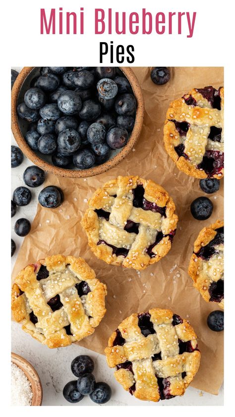 These mini blueberry pies are made with an easy blueberry filling, homemade pie crust, and all made in a muffin tin! Top each mini blueberry pie with a scoop of vanilla ice cream! This easy mini pie recipe is perfect for summer cookouts, Father's Day, Thanksgiving, and Christmas! Fourth Of July Mini Pies, Blueberry Pie Tarts, Mini Blueberry Pies Easy, Blueberry Pie Mini, Individual Blueberry Pies, Small Blueberry Pie, How To Make Pies Recipes, Mini Muffin Pies, 4th Of July Mini Pies