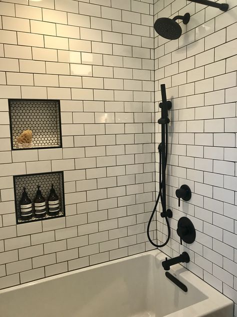 Kohler soaking tub, Moen matte black fixtures Monochromatic Bathroom, Ideas Baños, Remodeling Bathroom, Bathroom Design Trends, Bad Inspiration, White Subway Tile, Boys Bathroom, Bathroom Trends, Bathroom Redo