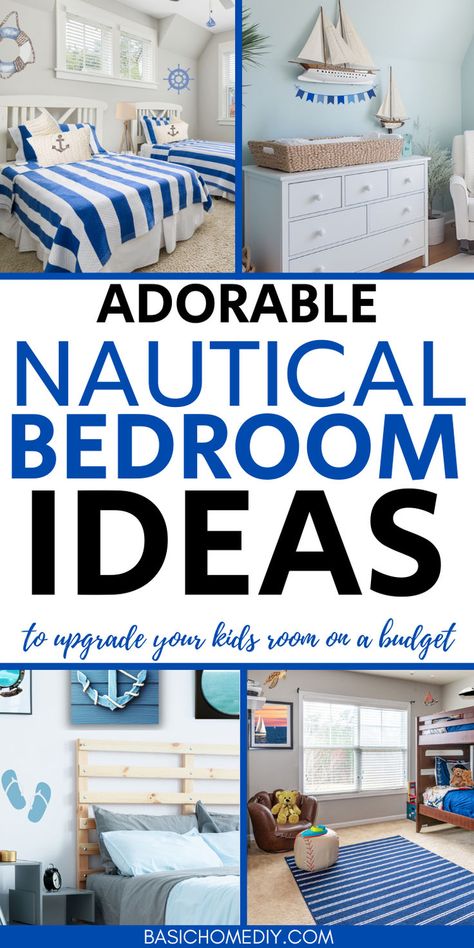 Find super easy nautical bedroom decor ideas to upgrade your kids bedroom on a budget. Embrace a coastal style with a blue color scheme and rustic nautical bedroom design ideas. Discover modern and simple DIY design tips, from nautical bedding ideas to trendy wall art and nautical headboard and bedroom furniture inspiration. Create a coastal chic aesthetic with ocean-themed elements, perfect for a lake house bedroom. This minimalist farmhouse bedroom decor style has coastal boho vibes. Rustic Nautical Bedroom, Minimalist Farmhouse Bedroom, Nautical Headboard, Nautical Kids Bedroom, Nautical Bedroom Decor, Kids Bedroom Decor Ideas, Nautical Themed Bedroom, Bedroom Furniture Inspiration, Nautical Decor Bedroom