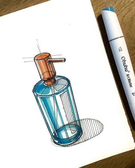 Alcohol Marker Product Sketch, Glass Marker Drawing, How To Draw A Bottle, Object Design Sketch, Daily Objects Sketches, Ohuhu Markers Art, Bottle Sketch, Industrial Drawing, Objects Illustration