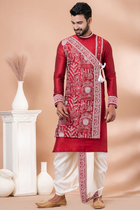 Step into style with the Reach Color Function Wear Readymade Glamorous Embroidery Kurta Pyjama for Men. This ensemble is crafted from high-quality Viscose fabric, offering a luxurious feel and exceptional comfort. The kurta boasts exquisite embroidery, adding a touch of glamour to your look. Paired with a coordinating pyjama, this outfit is perfect for festive celebrations, family gatherings, and traditional events. With its blend of comfort, style, and sophistication, this kurta pyjama set is a must-have for any modern man's ethnic collection. Available in a range of sizes to ensure a tailored fit. Kurta Pyjama For Men, Saraswati Murti, Mens Traditional Wear, Embroidery Red, Red Kurta, Kurta Pyjama, Wedding Outfit Men, Color Wedding, Mens Pajamas