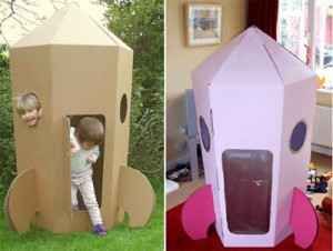 Cohete de cartón reciclado Diy Cardboard Toys, Cardboard Spaceship, Cardboard Play, Cardboard Rocket, Cardboard Crafts Kids, Cardboard Playhouse, Carton Diy, Cardboard Box Crafts, Cardboard Toys