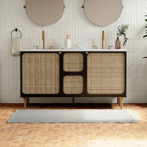 Rattan Bathroom, Modern Bathroom Furniture, Cane Door, 60" Vanity, Bathroom Furniture Modern, Double Bath, Modern Mirrors, Rattan Cane, Bamboo Bathroom