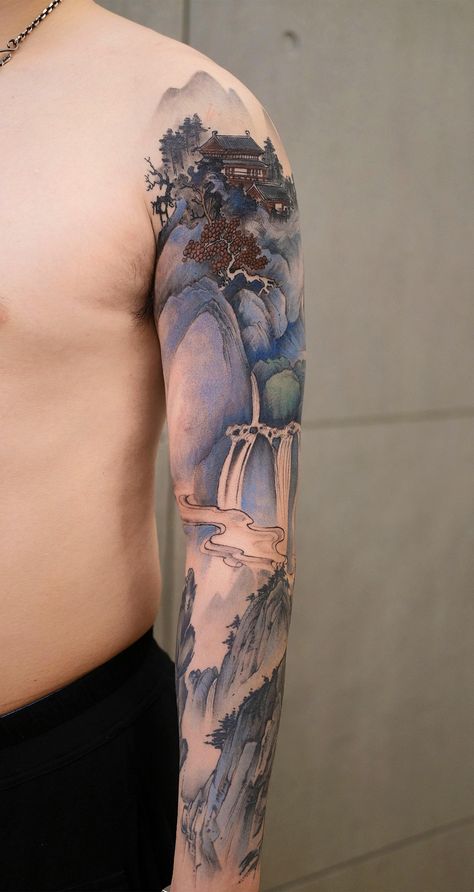 Waterfall Tattoo, Cream Tattoo, 16 Tattoo, Scenery Painting, Water Tattoo, Landscape Tattoo, Chinese Tattoo, Asian Tattoos, Painting Tattoo