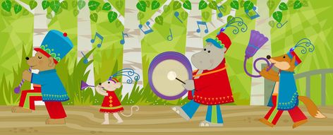 . Marching Band Uniforms, Band Uniforms, Marching Band, Forest Animals, In The Forest, Animal Illustration, The Forest, Musical Instruments, Wind Sock