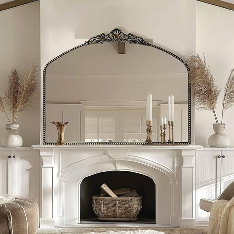 Vintage Mirror Above Fireplace, Antique Mirror Fireplace, Mantle With Arched Mirror, Above Mantel Wall Decor, Large Mirror On Mantle, Vintage Modern Fireplace Decor, Craftsman Mantle Decor, Ornate Fireplace Mantle, French Organic Modern Decor