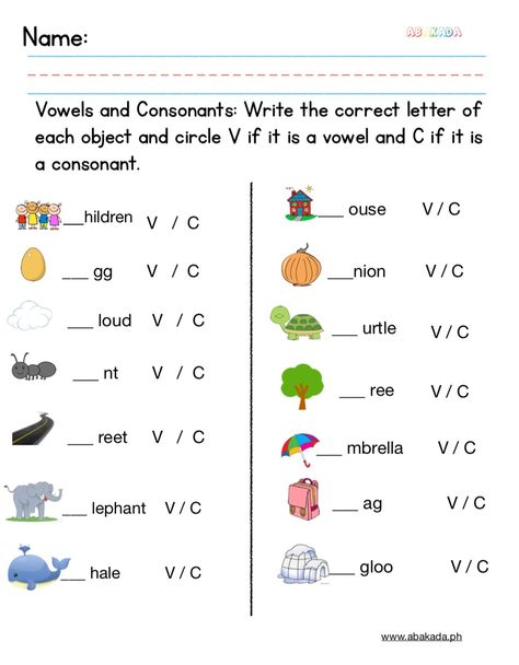 Vowel And Consonant Worksheet, Vowels And Consonants Worksheets, Parts Of Speech Exercises, Consonants Worksheets, Vowel Diphthongs, Vowels And Consonants, Main Idea Worksheet, Two Letter Words, Vowel Worksheets