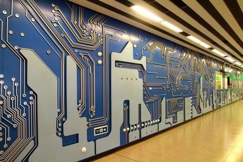 Circuit Art, Office Illustration, Artsy Projects, Lab Ideas, Classroom Interior, Feature Wall Design, Circuit Board Design, Wall Graphic, Window Display Design