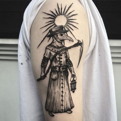 Plague Doctor Tattoo by tattooer_niki Patch Tattoos, Plague Doctor Tattoo, Dark Tattoo Ideas, Micah Ulrich, Rip Tattoos For Mom, Gotik Tattoo, Satanic Tattoos, Doctor Tattoo, Siren Tattoo