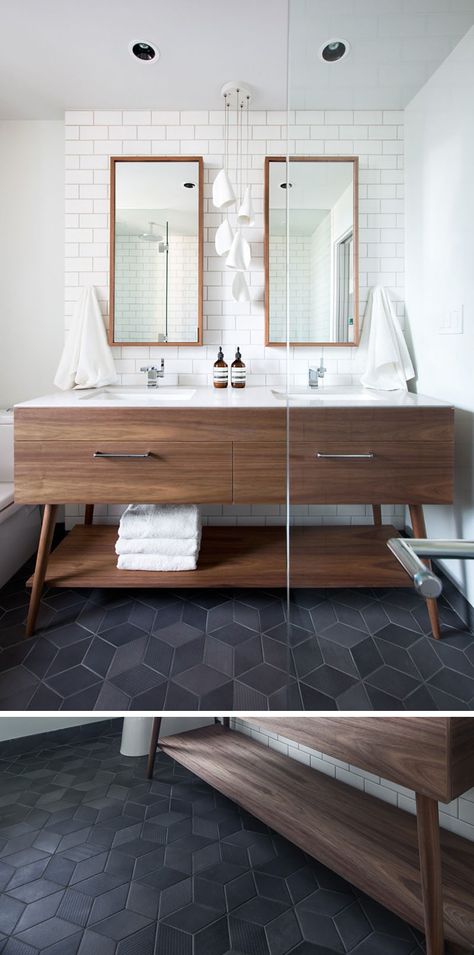 Traditional Bathroom Tile, Dark Tile Floors, Bathroom Tile Diy, Dark Bathrooms, Mid Century Modern Bathroom, Wood Tile Floors, Patterned Floor Tiles, Room Tiles, Bathroom Tile Designs