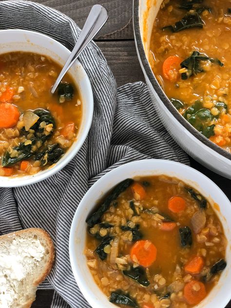 Here’s one more cozy soup recipe before the warmer weather is upon us! 🍜 Made with protein packed, fiber rich red lentils-enjoy this Easy Kale and Red Lentil soup for a simple, good for you lunch or dinner! #soup, #kale, #redlentil, #vegan, #feedfeed, #healthyeating, #dinnerideas