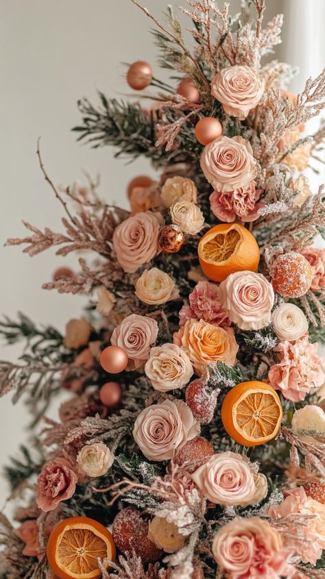 A boho-style Christmas tree adorned with dried orange slices, pink roses, and flowers, set against a light background. Fake Flower Christmas Tree, Floral Xmas Tree, Dried Floral Christmas Tree, Christmas Tree Orange Decorations, Christmas Tree Flower Decorations, Flower Christmas Tree Decoration, Orange Slices Aesthetic, Dried Flower Christmas Tree, Boho Christmas Tree Decor