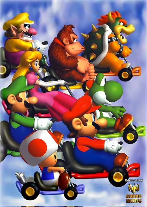 Twitter: @Markus_Kurko | Mario Kart 64 Wii Aesthetic, Leave Craft, Hobbit Room, Bowser Luigi, Basement Art, Nintendo Power, Retro Games Poster, Peach Mario, Tweedle Dee