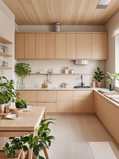 The image showcases a kitchen with a modern and minimalist design, featuring wooden cabinets and a large island. The kitchen is filled with various potted plants, adding a touch of greenery and life to the space. The countertops are clean and clutter-free, with a few bowls and cups neatly arranged. The overall atmosphere of the kitchen is bright and inviting, with natural light streaming in through the window. This design style is reminiscent of the popular Japanese and Scandinavian interior ... Kitchen Ideas Wood Cabinets Modern, All Wooden Kitchen, Wooden Kitchen Design Ideas, Minimal Wooden Kitchen, Light Wood Home Interior, Modern Wooden Interior Design, Asian Zen Interior Design Kitchen, Kitchen Design Nordic, Kitchen Small Minimalist