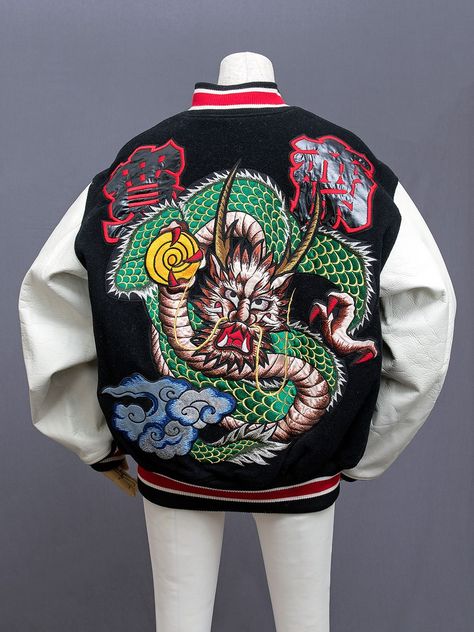 Kansai Yamamoto (山本寛斎) embroidered dragon stadium #jacket. This is a Kansai Man piece, believed to be early 1990s. Large single dragon and “Kansai” kanji embroidery design on the back. More embroidered kanji on the front, white leather sleeves, and... Sakujan Jacket, 1990s Men, Sukajan Jacket, Embroidered Dragon, Estilo Harajuku, Kansai Yamamoto, Painted Clothes Diy, Harajuku Fashion Street, Fashion Archive