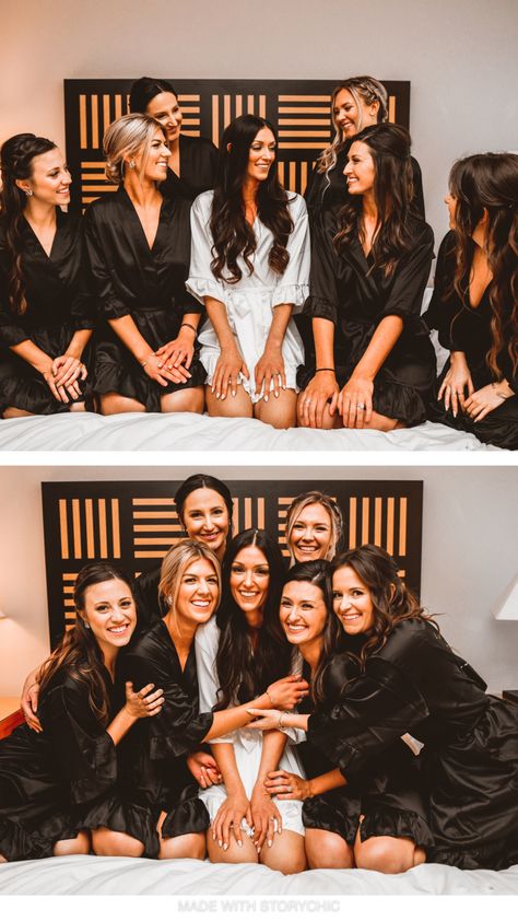 Wedding Robes Bridesmaids Black, Bridesmaid Black Robes, Black Bridesmaid Robe, Black Robes For Bridesmaids, Black Bridesmaids Robes, Bridesmaid Getting Ready Outfit Black, Black Wedding Bridal Party, Black Tie Theme Wedding, Black Bridesmaid Robes