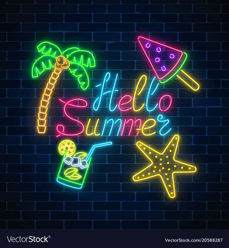 Neon Summer Wallpaper, Summer Symbols, Dark Brick Wall, Background Night, Summer Font, Neon Summer, Outline Fonts, Summer Things, Summer Poster