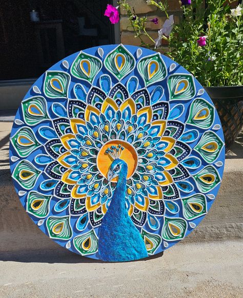 Clay and Mirror peacock Mandala, this home decor all handcrafted with clay and different shapes mirrors.  This is perfect for home decor. Perfect to give as a gift to friends and family.  This art is done on wood circle and comes with keyhole so its ready to hang  Size 19.5 in x 0.5 in Can clean with dry clothes  This is all handmade product so there may be slight noticeable differences in shapes. But created with lots of love and care to enhance the beauty of your home.  If you have any questio Peacock Mirror Art, Creative Art Work Ideas, Wall Hanging With Clay, Lippan Art Mirror Small Circle, Lippan Art In Circle, Mirror And Clay Art, Lippan Art Mirror Peacock, Lippan Art Circle Design, Peacock Lippan Art Design