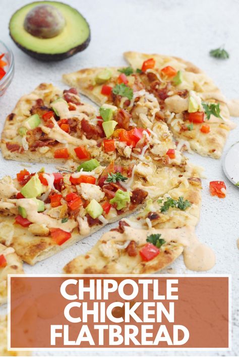 This Chipotle Chicken Flatbread makes the perfect fun and easy dinner or lunch! Loaded with all of your favorite toppings and a chipotle ranch sauce drizzled on top. Panera Chipotle Chicken Flatbread, Chipotle Chicken Flatbread, Hibachi Steak And Shrimp Recipe, Chipotle Ranch Sauce, Garlic Butter Potatoes, Calzone Recipes, Hibachi Shrimp, Fajita Pizza, Roasted Garlic Butter