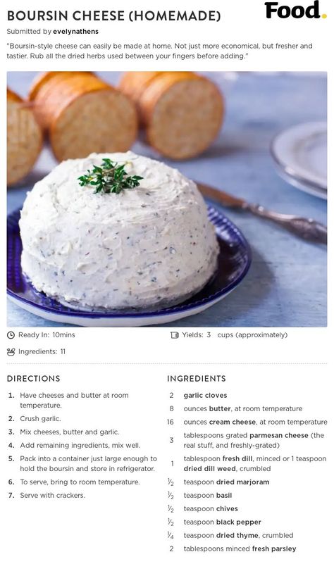 https://www.food.com/recipe/boursin-cheese-homemade-80675/as-image Homemade Boursin Cheese Recipe, Boursin Cheese Recipe, Boursin Cheese Recipes, Cheese Ball Recipes Easy, Cheese Recipes Homemade, Charcuterie Spread, Cooking Herbs, Boursin Cheese, Flavored Butter