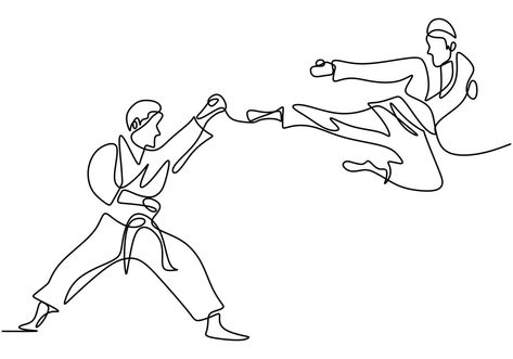 One single continuous line drawing of Taekwondo and Karate training. Two senior men practice taekwondo by attacking using legs and hand blows hand draw isolated on white background Taekwondo Poses, Taekwondo Tattoo, Karate Tattoos, Karate Training, Birthday Card Drawing, Boy Drawing, Continuous Line Drawing, Painting Art Lesson, Gesture Drawing