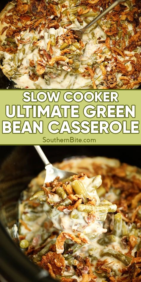 Slow Cooker Ultimate Green Bean Casserole Green Bean Casserole Mushrooms, Green Bean Casserole With Mushrooms, Southern Green Bean Casserole, Green Bean Casserole With Cheese, Veg Casserole, Green Bean Casserole Recipes, Ultimate Green Bean Casserole, Italian Green Beans, Best Green Bean Casserole