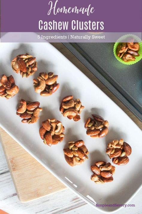 Homemade cashew clusters taste just like costco cashew clusters with only 5 ingredients and they are naturally sweetened with maple syrup Nut Cluster Recipe, Cashew Clusters, Less Sugar, Easy Party Food, Nut Recipes, Easy Homemade Recipes, Salty Snacks, Sugar Cravings, Healthy Appetizers