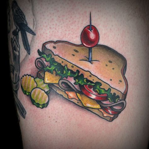 Sandwich Tattoo by Jake Ross Breakfast Tattoo Ideas, Sandwich Tattoo, American Style Tattoo, Food Tattoo, Food Tattoos, Modern Tattoos, Side Tattoos, Lotus Tattoo, Boy Tattoos