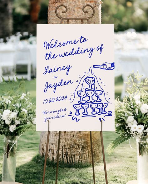 ENJOY 60% OFF WHEN YOU ORDER 3 OR MORE ITEMS. Use Code: SAVEBIG60 at checkout for 60% off 3 items!  This DIY Editable Welcome Sign features a hand drawn champagne tower graphic handwritten fonts and hand drawn graphic illustrations, where you have full freedom to create something uniquely yours! It is the perfect way to welcome your loved ones to your special day! You can easily change the text and background color for any of the templates to better match your theme. After you place your order, you will receive an email from Templett with access to your self-editable template where you will be able to customize all your own details! Templett is an online application editor that allows you to completely personalize your printable directly in your browser. Good news: no need to download any Wedding Welcome Sign Colorful, Diy Wedding Signage, Wedding Reception Theme, Champagne Tower Wedding, Wedding Signage Template, Champagne Tower, Welcome Sign Template, Event Signage, Graphic Illustrations